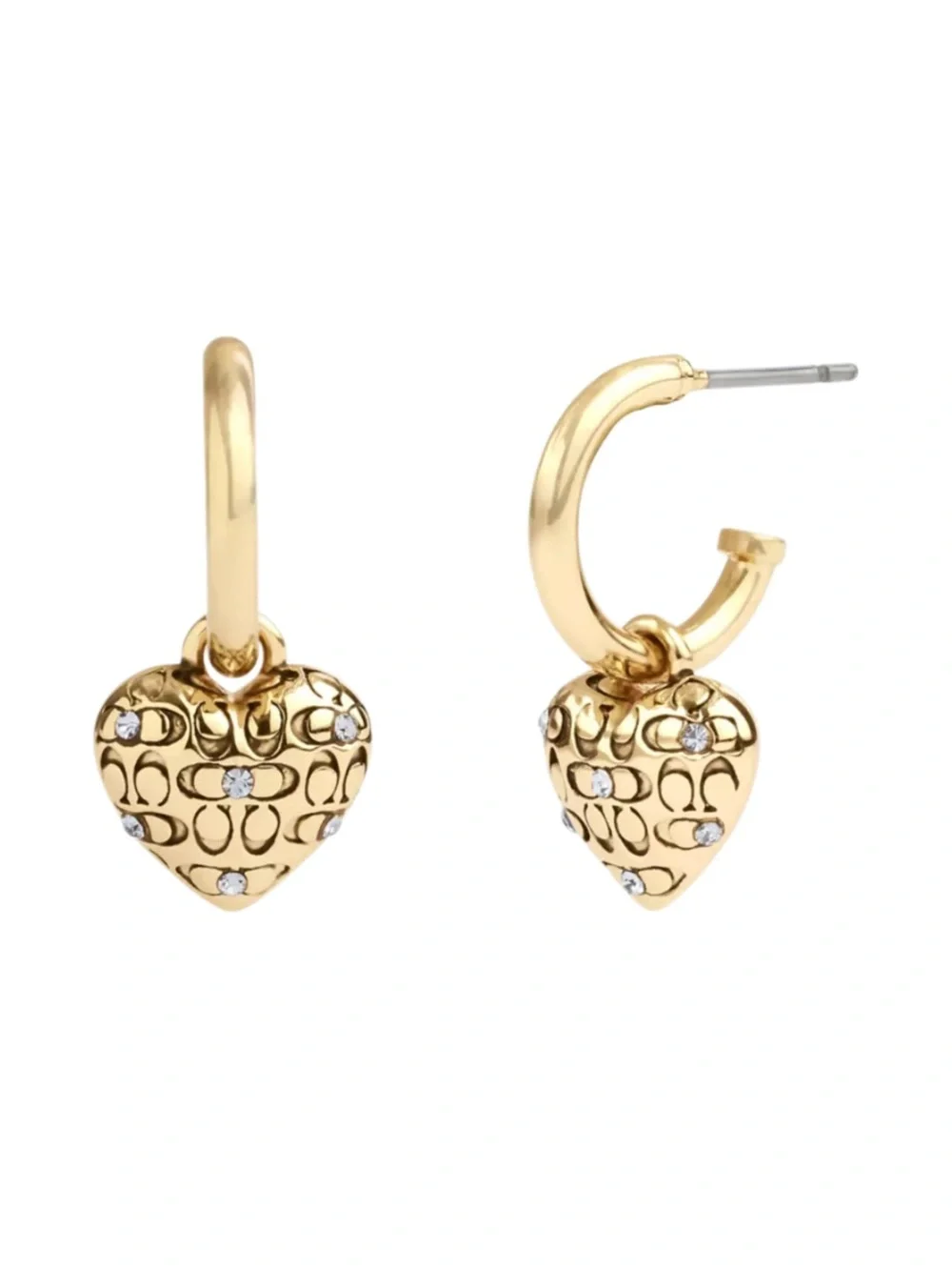 Coach Signature Pavé Quilted Heart Charm Huggie Hoop Earrings